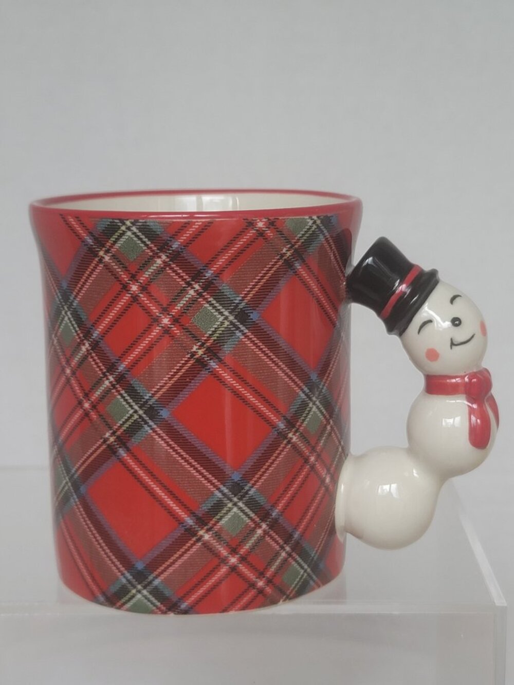 Mud Pie Christmas Stoneware Tartan Plaid Figural Snowman Handle Mug 11 oz